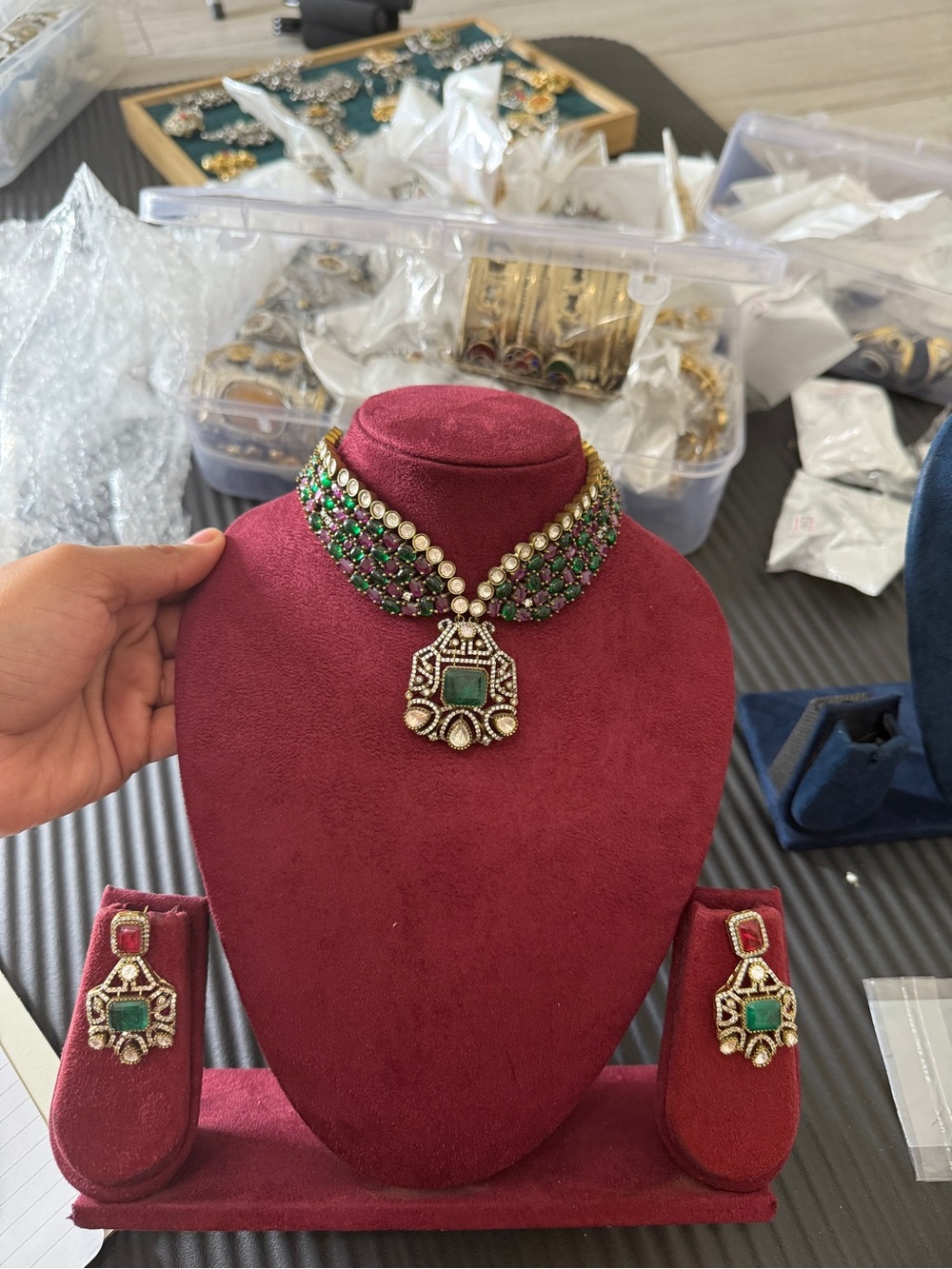 Green and Pink Stone Choker Necklace Set with Pendant and Earrings